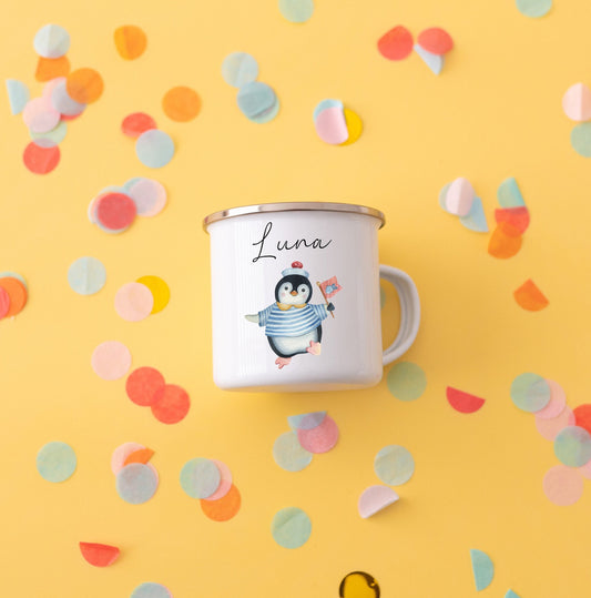 Tasse Pinguin, Emaille Tasse Pinguin, Pinguin Geschenk, Kindertasse Pinguin, Pinguin Geschirr, Namenstasse, Campingtasse, Campinggeschirr