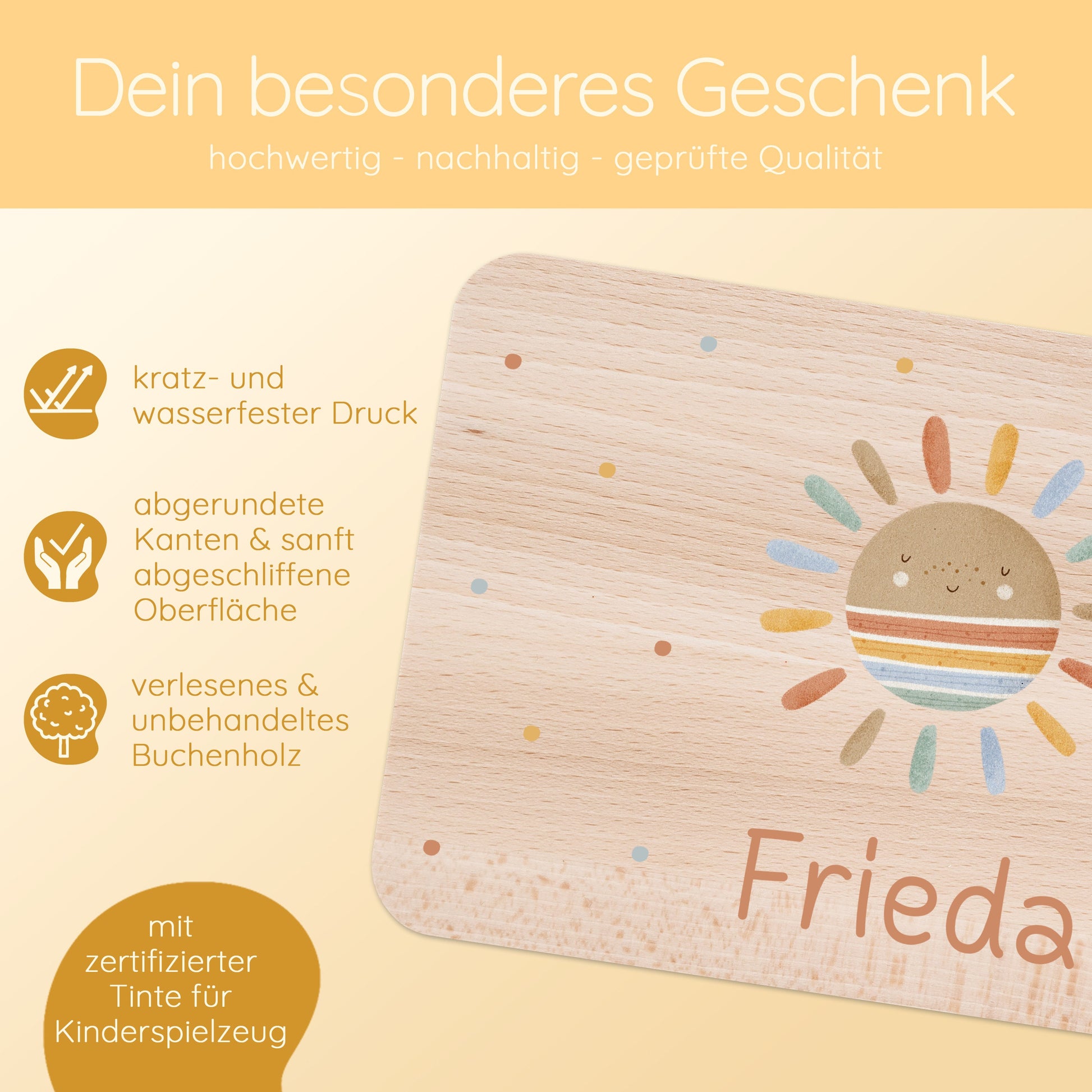 Taufgeschenk, Frühstücksbrett, Babygeschenke, Kindergeschenke, Holzbrett, Frühstücksbrett Sonne, Kindergarten Geschenk