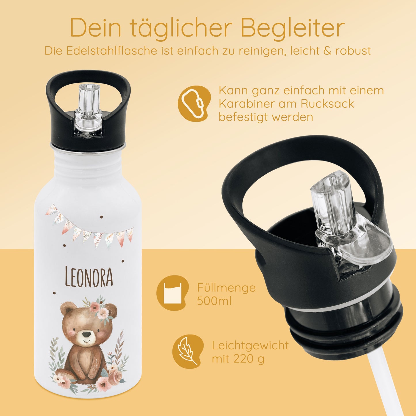 Trinkflasche Kind, Trinkflasche Bär, Trinkflasche personalisiert, Kindergarten Geschenk, Schulanfang, Trinkflasche Edelstahl