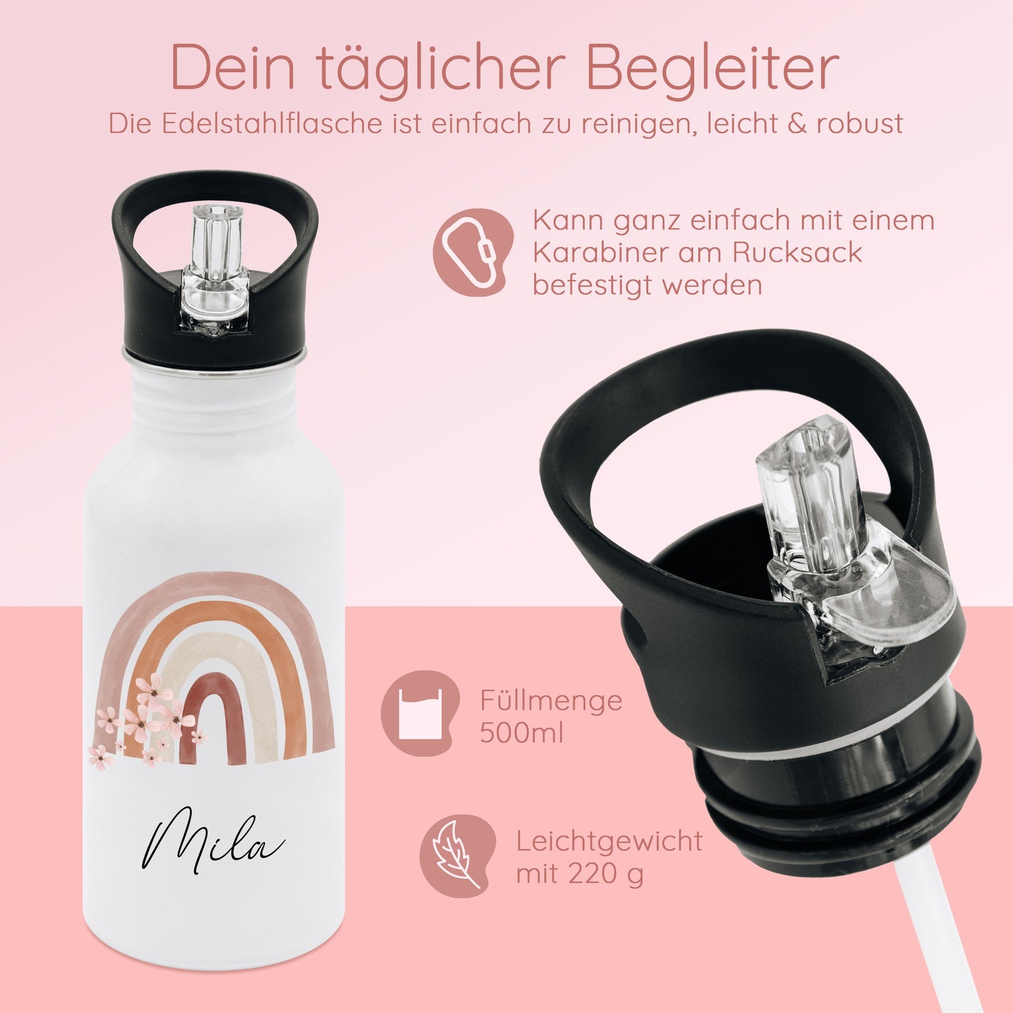 Trinkflasche Mädchen, Trinkflasche personalisiert, Trinkflasche mit Strohhalm, Trinkflasche Kohlensäure, Trinkflasche Regenbogen