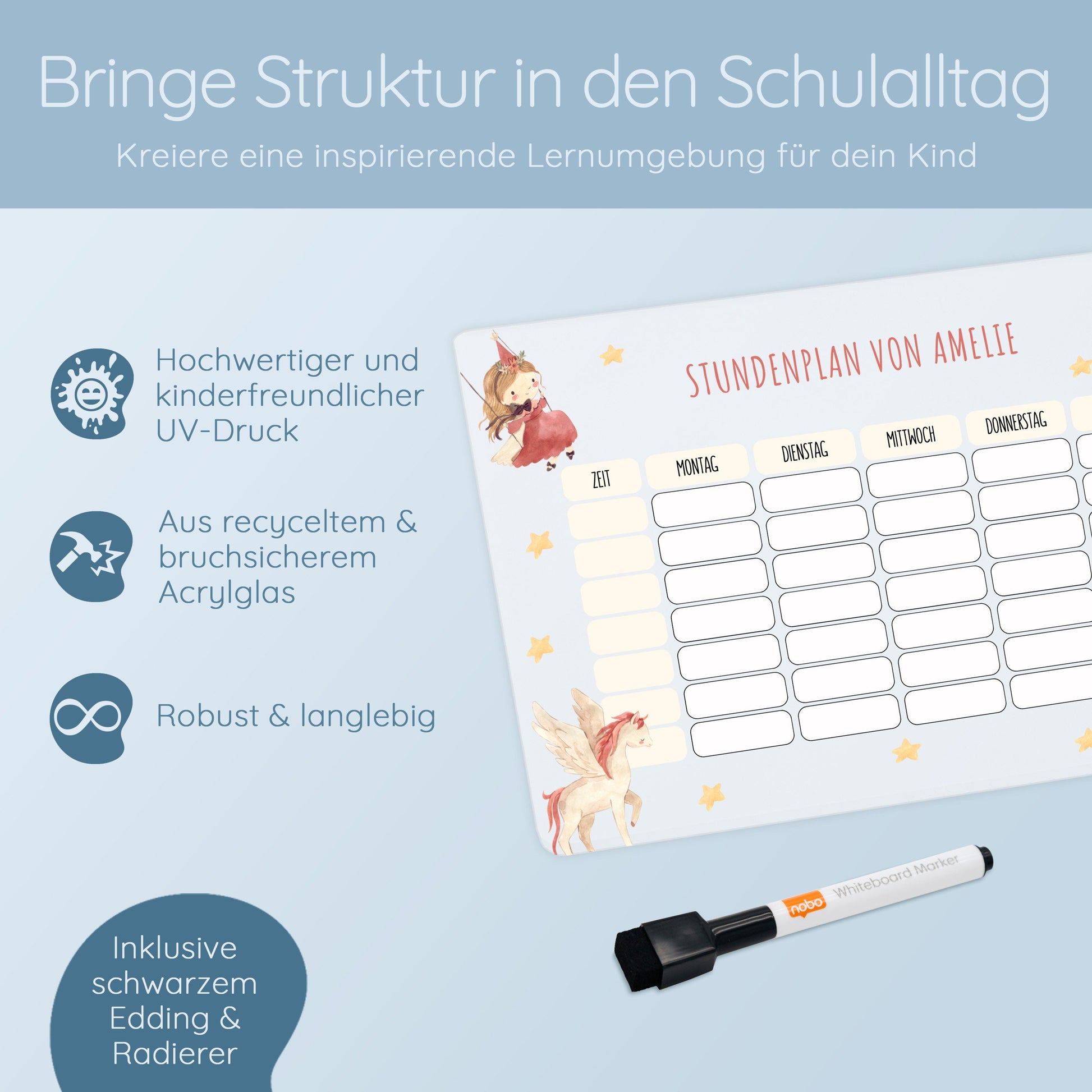 Stundenplan abwischbar, Einschulung, Stundenplan, Personalisierter Stundenplan, Stundenplan Acryl abwischbar, Schulkind Stundenplan