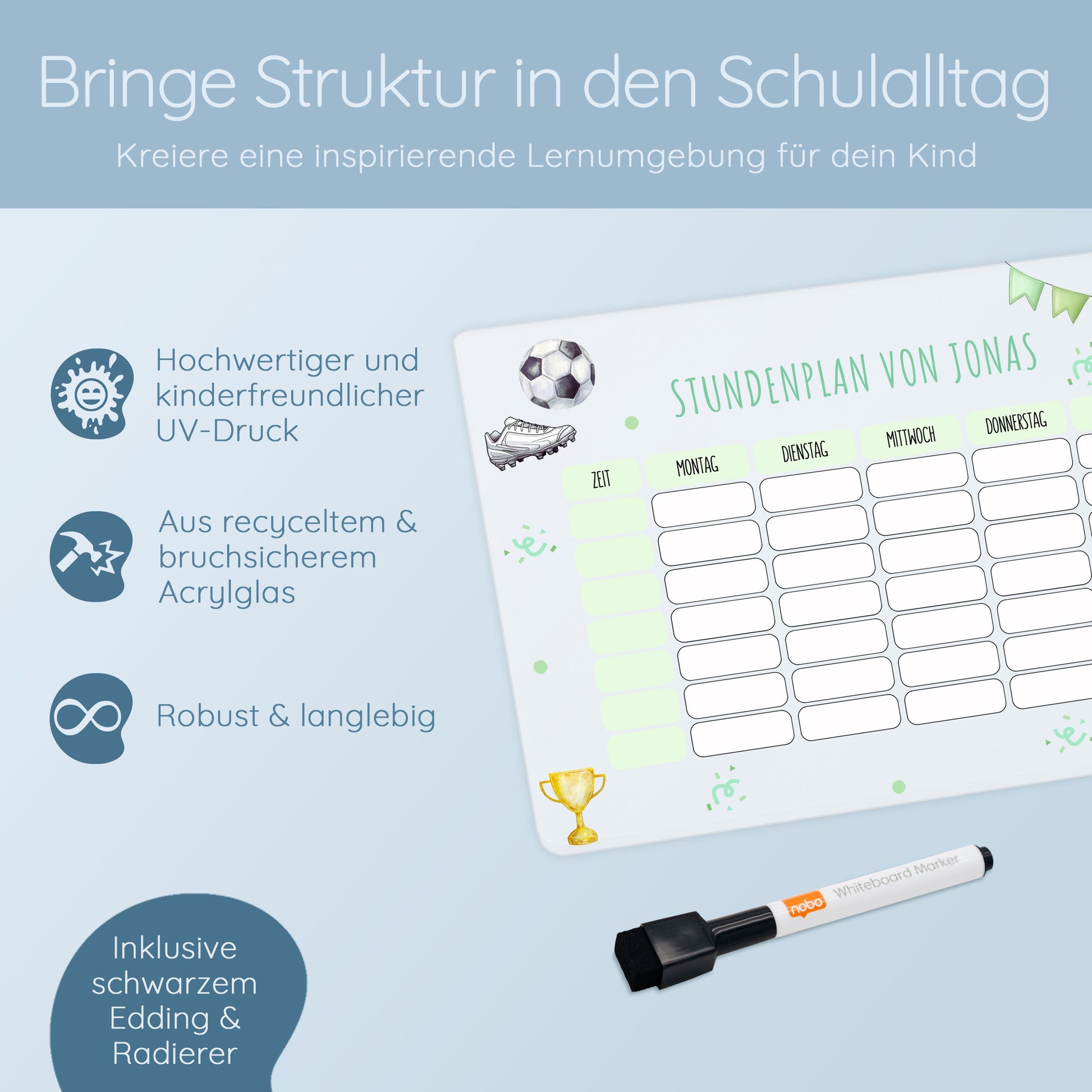 Stundenplan abwischbar, Einschulung, Stundenplan Acryl, Personalisierter Stundenplan, Stundenplan Fußball, Einschulung Fußball, Einhorn