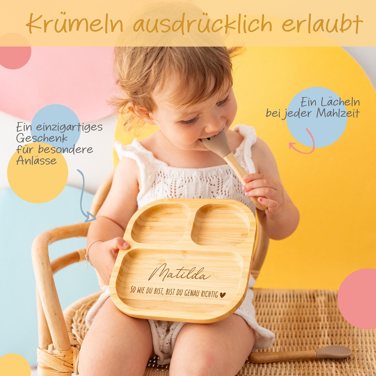 1. Geburtstag Geschenk, Kindergeschirr, Bambus Teller mit Saugnapf, Babyteller, Taufe, Geburt, Kinderteller Holz, Babybesteck