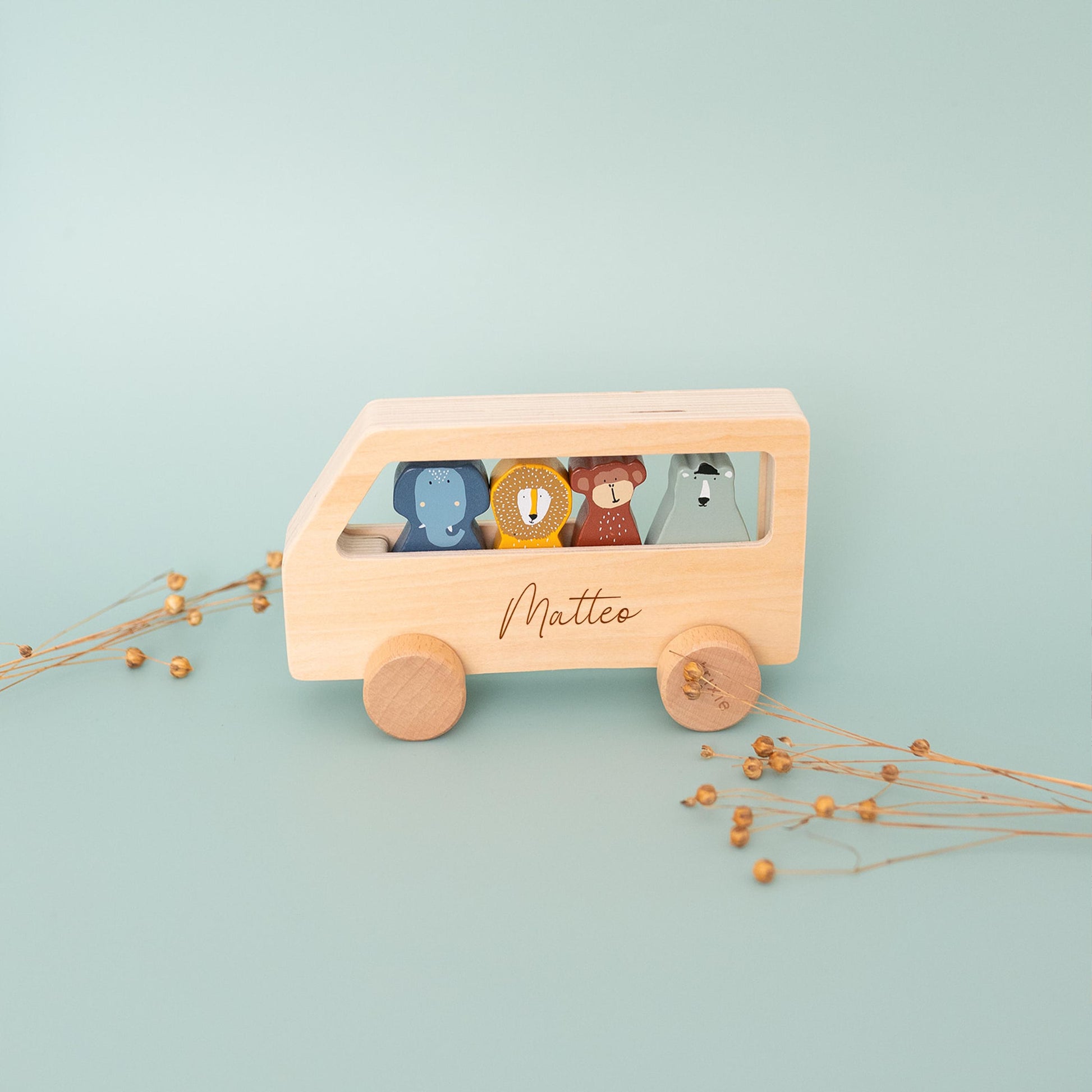 Taufgeschenk Auto, Holzspielzeug Auto, Kleines Baby Spielzeug, Taufe Geschenk Junge, Ostern Geschenk Junge, Trixie Bus Tiere