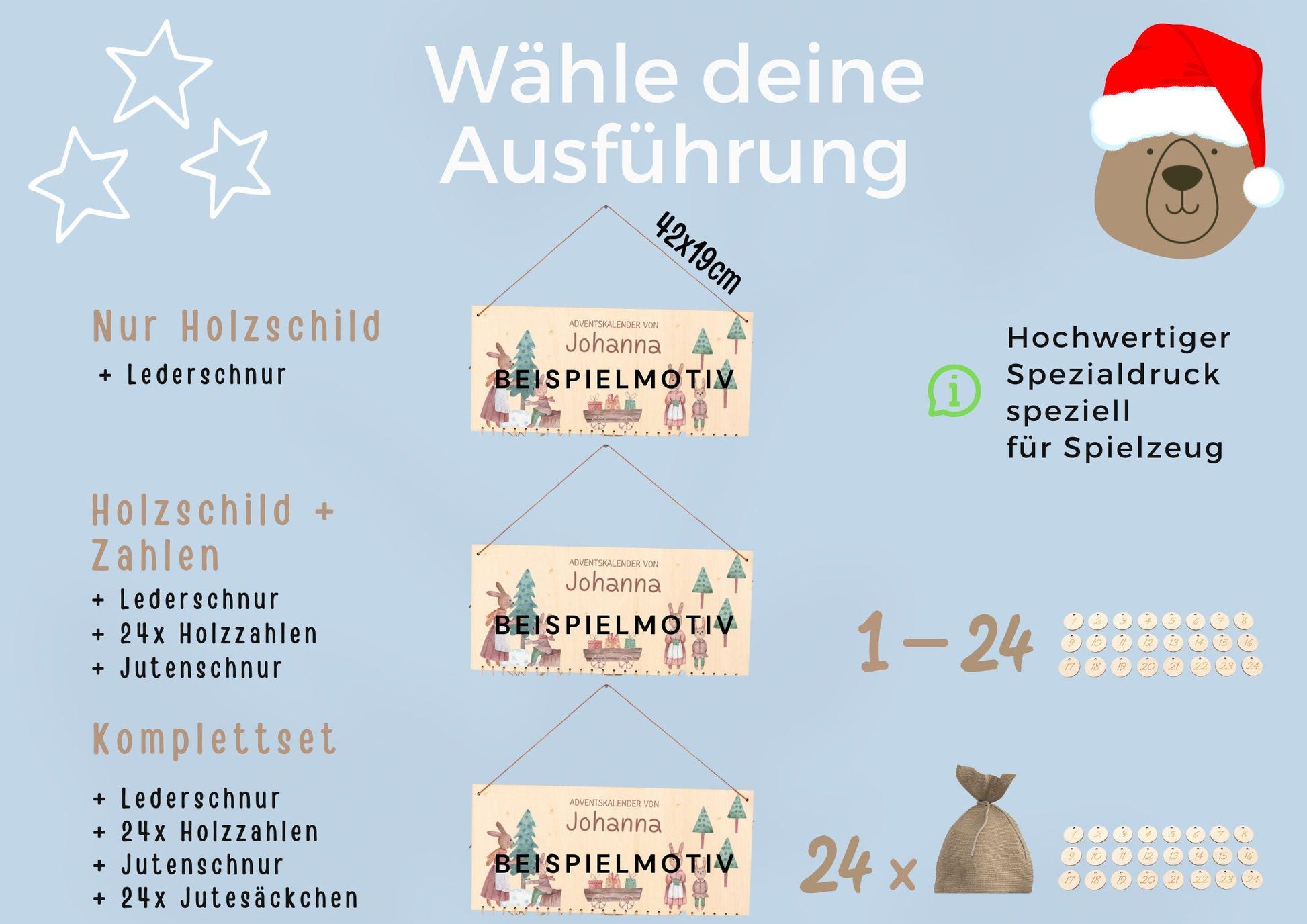 Adventskalender Holz zum Befüllen, Adventskalender, Adventskalender Kinder, Adventskalender Säckchen, Weihnachtskalender